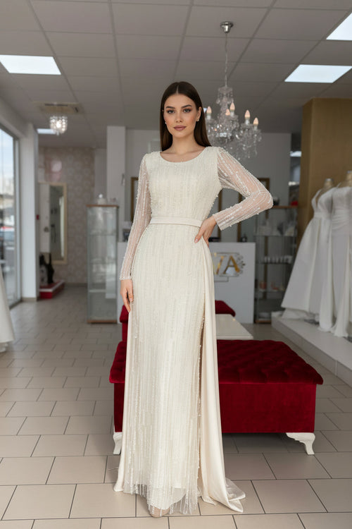 Standesamtkleid A588 – Perlen und Pailletten in beige – LAMIA Wholesale